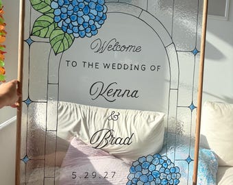 Décoration murale signe mariage hortensia en vitrail, personnalisée