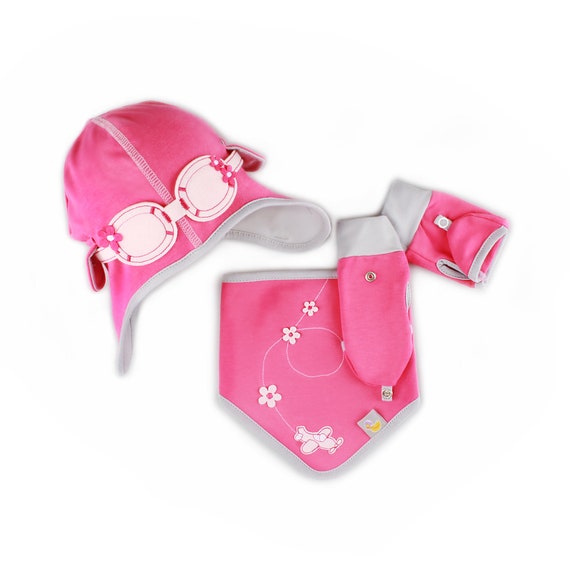 Baby Girl Aviator Hat Bib \u0026 Gloves Gift 