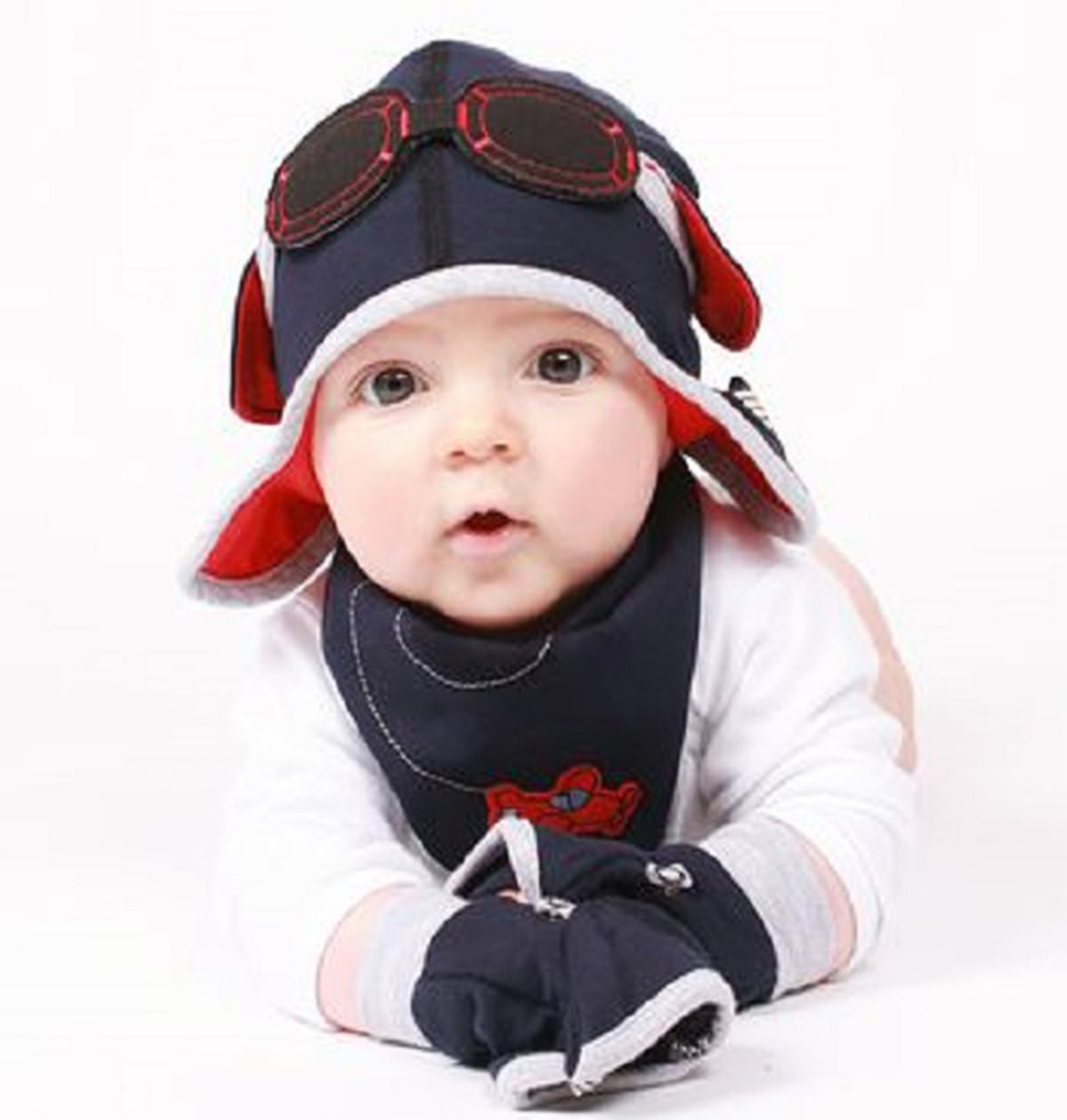 Boys Cute Aviator Hat Bib & Gloves Gift Set in Navy Blue/baby Etsy