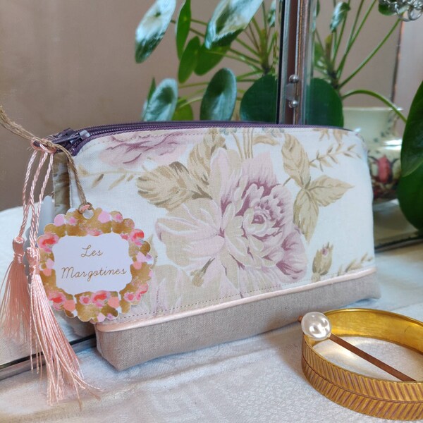 Trousse maquillage/trousse crayons/pochette de sac/cadeau/tissu shabby chic/lin/linge ancien/beige/rose/blanc/lilas