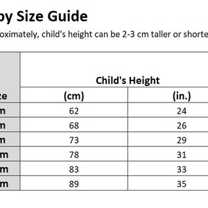 May include: Baby size guide chart showing corresponding sizes in months and centimeters and inches.  The chart shows sizes from 3 months to 24 months.
