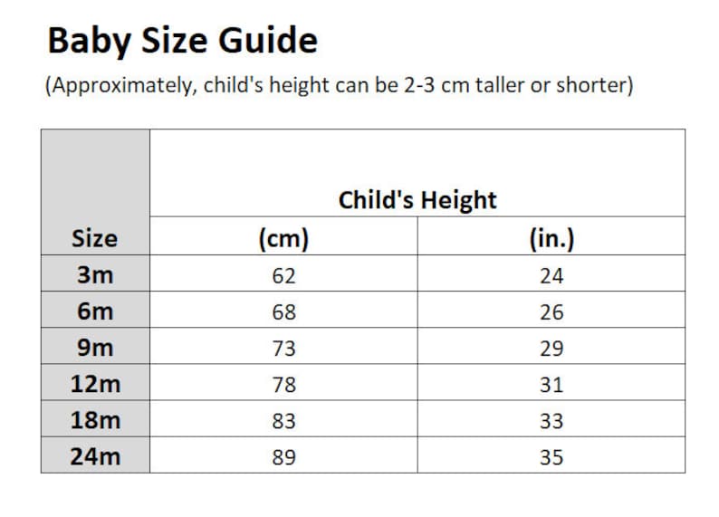 May include: Baby size guide chart showing corresponding sizes in months and centimeters and inches.  The chart shows sizes from 3 months to 24 months.