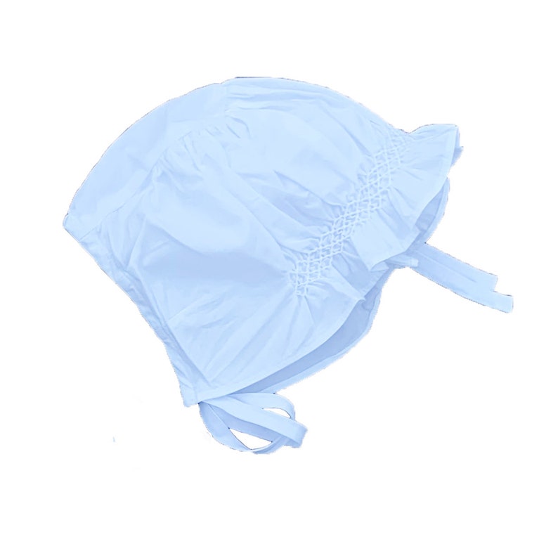 May include: A light blue baby bonnet with a ruffled edge and a tie at the back.