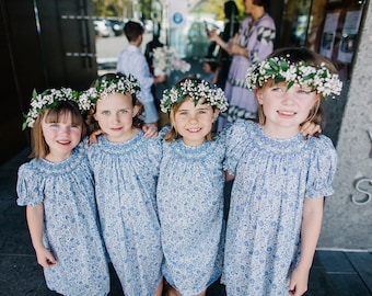 Blue Floral Bishop Smocked Dress