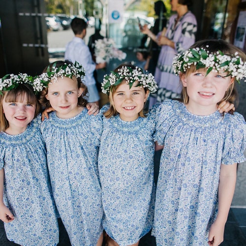 Naomi Blue Floral Handsmocked Girl Dress