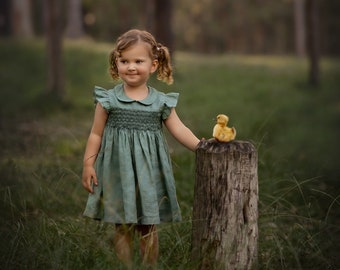 Light Green Linen Smocked Dress