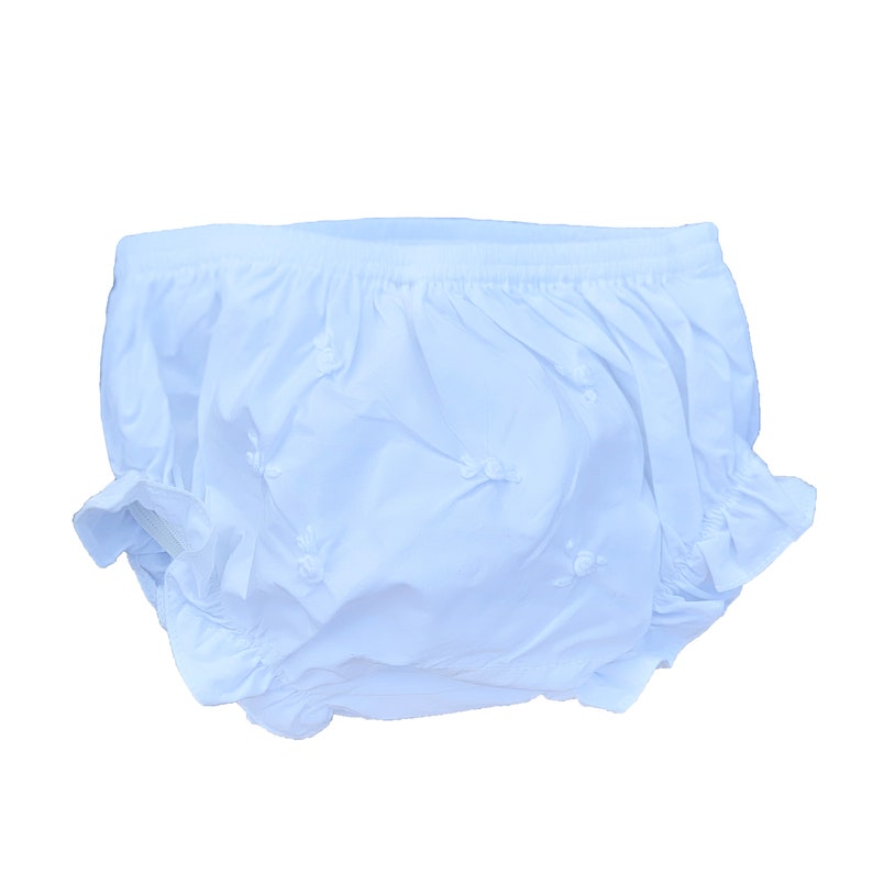 May include: A light blue baby bloomers with white embroidered flowers.