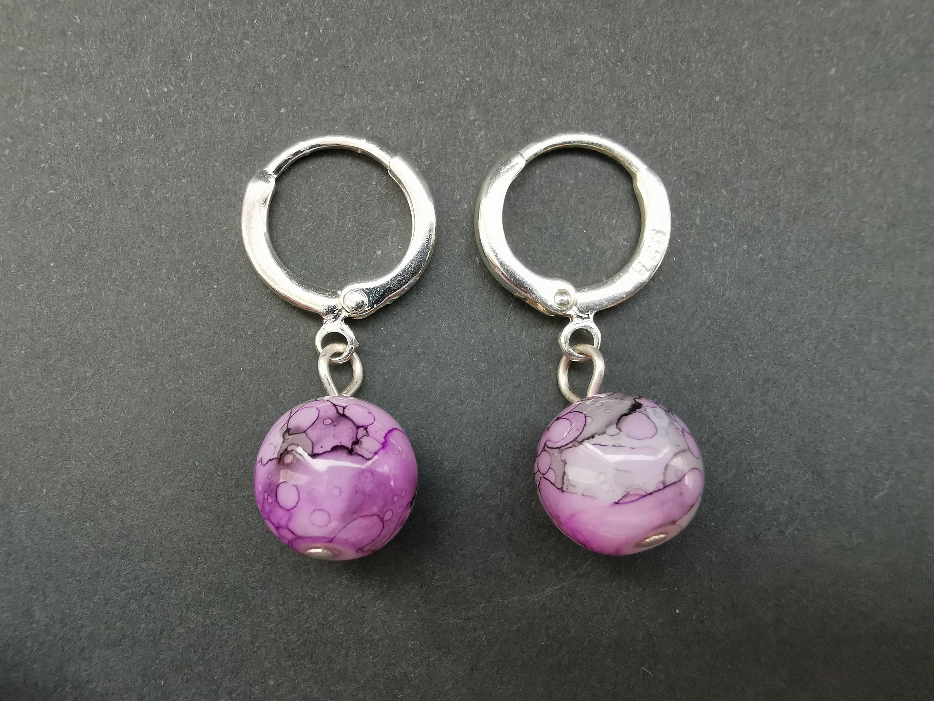 Purple huggie hoop earrings with round ball bead Dainty small | Etsy