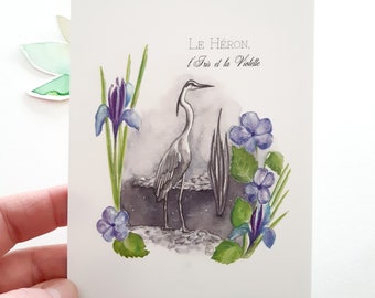 Postcard Paper Reproduction Watercolor Format 10x15 Wall decoration Birth flowers February Iris Violet Heron