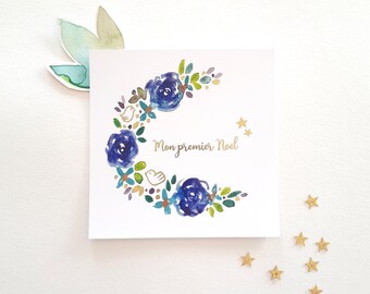 Christmas cards, blue and gold watercolor flower wreath, "My first Christmas", greeting card