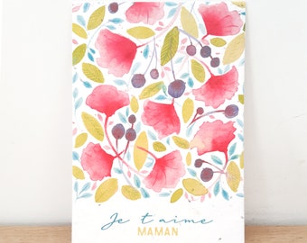 Carte postale papier ensemence Bonne fete maman Reproduction Aquarelle Format 10x15 Déco murale fleurs gingko rose