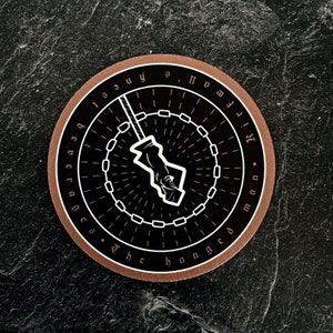 The hanged man Tavern design; Dragon Age inspired; Coasters and Pin badges and hip flasks