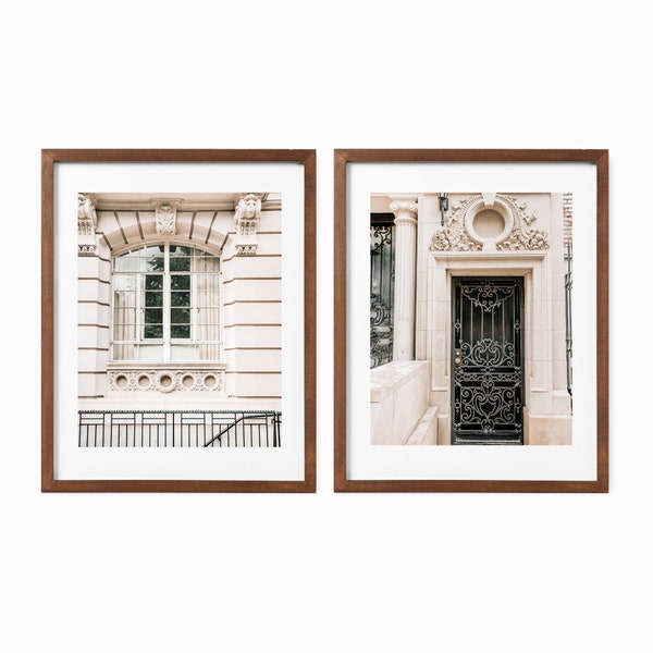 Set of 2 New York City Prints, NYC Architecture Uptown Photography in Manhattan (Cast Iron Door, Large City Window)