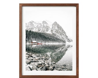 Snowy Lake Louise, Winter Mountain Nature Print, Banff in Canada