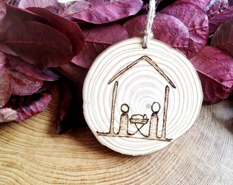 Crèche simple ornement minimal d’arbre de Noël, ornement suspendu en bois