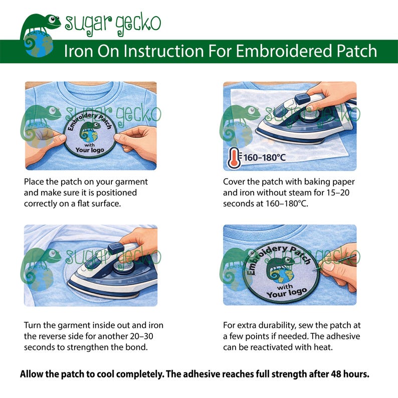May include: Illustrated guide for applying an embroidered patch. The steps show how to place the patch, iron with baking paper at 160-180&deg;C, iron the reverse, and sew for durability. The patch has a gecko logo.