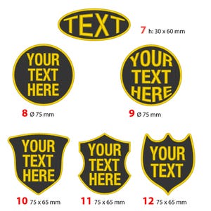 six different patches or badges, each with a unique design and size, and they all feature the text "YOUR TEXT HERE" prominently displayed.