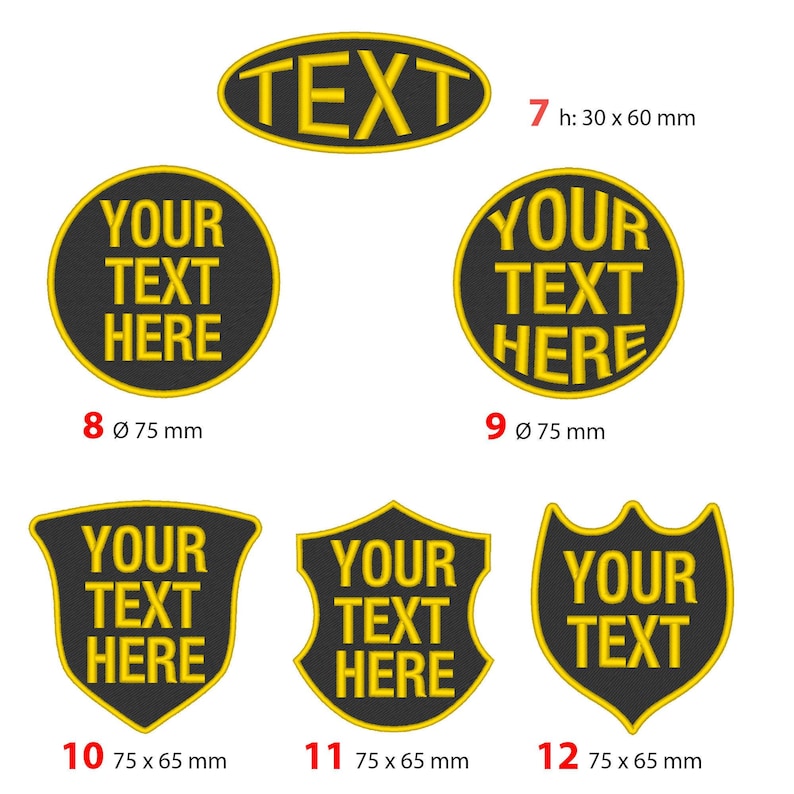 six different patches or badges, each with a unique design and size, and they all feature the text "YOUR TEXT HERE" prominently displayed.