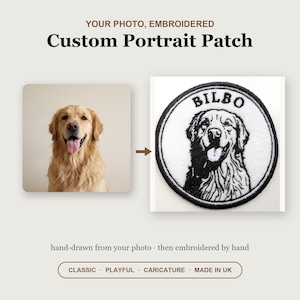 Könnte beinhalten: Ein individuell bestickter runder Aufnäher mit einem schwarz-weißen Fadenporträt eines Golden Retrievers, wobei der Name BILBO in Schwarz über dem Tier eingestickt ist. Der Aufnäher wird neben einem Foto desselben Hundes gezeigt.