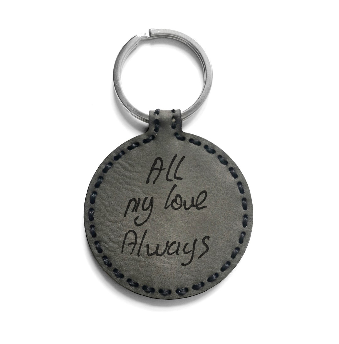 Actual Handwriting, Leather Photo Keyring Leather Keychain, Engraved Keyring, Your Own Writing