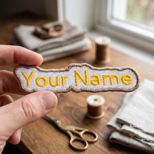 May include: Embroidered patch with the text "Your Name" in yellow thread on a white background, outlined with a brown border. The patch is held in a hand, with sewing supplies in the background.