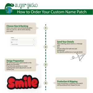 May include: An infographic by Sugar Gecko detailing how to order a custom name patch. The process includes choosing size and backing, sending details, design preparation, and production. A red "Smile" patch is displayed.