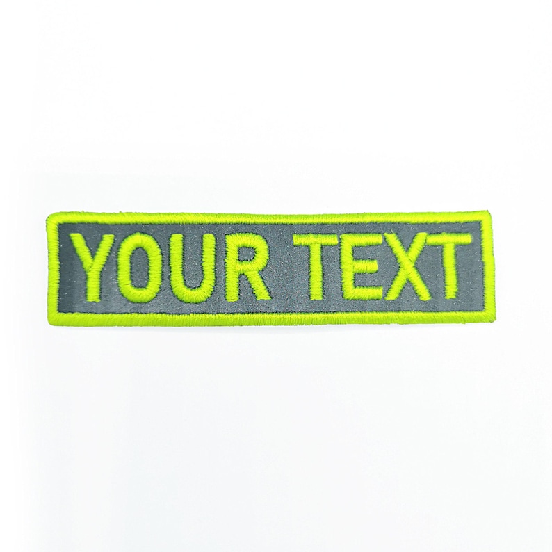 Reflective patch with custom embroidered name, hi-vis safety badge for cycling and tactical gear. Personalised iron-on, UK made