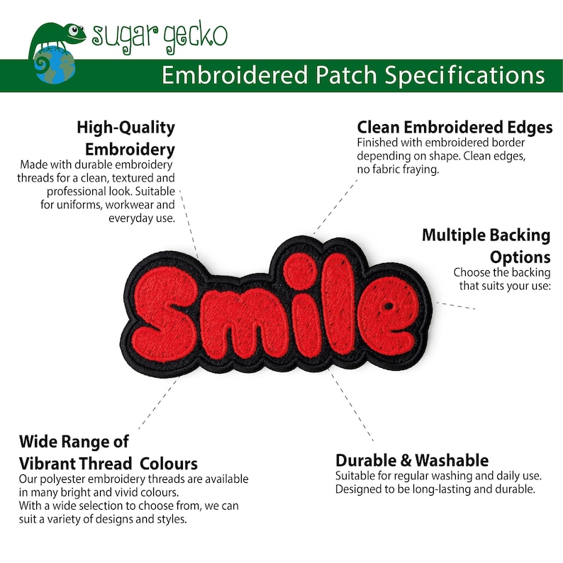 May include: Embroidered patch featuring the word "Smile" in red with a black border. Suitable for uniforms and everyday wear. The patch has clean embroidered edges and multiple backing options. Durable and washable.