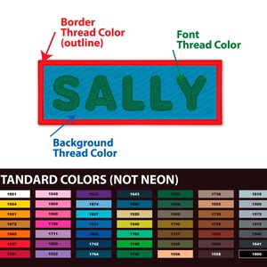 The image is a color chart that shows the standard colors (not neon) for thread color, with a focus on the thread color for the word "SALLY".