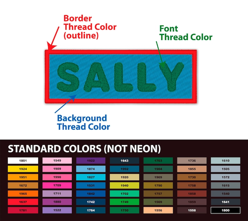 The image is a color chart that shows the standard colors (not neon) for thread color, with a focus on the thread color for the word "SALLY".