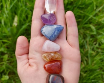 Chakra Crystal Set, crystal bag, amethyst, rose quartz, blue quartz, red tigers eye, clear quartz, crystals for meditation, Healing crystals