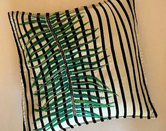 Hand painted & embroidered cushion cover for indoors or outdoors . Artistic nature throw pillow case. Unique green cebra fern cushion cover