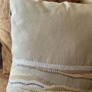 Hand Embroidered Cotton Cushion Cover: Artistic Beige Grey Yellow Pillow Case