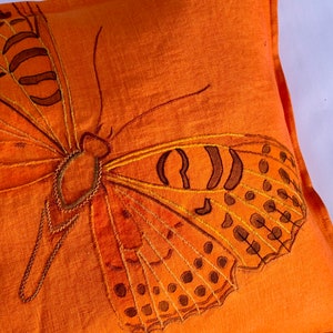 Hand painted & embroidered cushion cover. Artistic unique nature throw pillow case. Unique orange linen butterfly cushion cover.