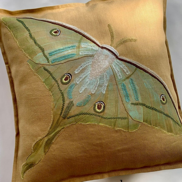 Hand painted & embroidered butterfly cushion cover. Artistic unique throw pillow case. Aqua, lime, ochre green, blue, beige pillow cover.