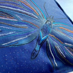 Hand painted & embroidered butterfly cushion cover. Artistic unique nature throw pillow case. Blue, purple wool cushion cover for sofa.