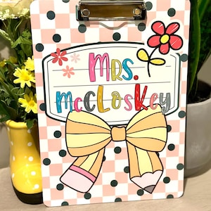 FREE SHIPPING Personalized Teacher Clipboard | Custom Name Clipboard with Pencil Bow & Floral Design | Back to School Teacher Gift