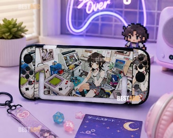 Retro Gamer Girl Switch Case, Custom Anime Arcade Console Cover, Personalized Dockable Shell for Switch OLED Lite 2