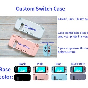 K&ouml;nnte beinhalten: Individuelle Nintendo Switch H&uuml;lle mit der Wahl zwischen schwarzer, rosa, blauer oder blauer lila Grundfarbe. Die H&uuml;lle hat einen Platz f&uuml;r ein individuelles Foto und der Text "Custom" und "Your photo" ist auf der H&uuml;lle sichtbar.