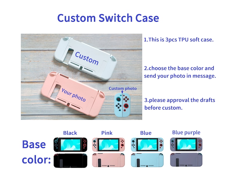 K&ouml;nnte beinhalten: Individuelle Nintendo Switch H&uuml;lle mit der Wahl zwischen schwarzer, rosa, blauer oder blauer lila Grundfarbe. Die H&uuml;lle hat einen Platz f&uuml;r ein individuelles Foto und der Text "Custom" und "Your photo" ist auf der H&uuml;lle sichtbar.