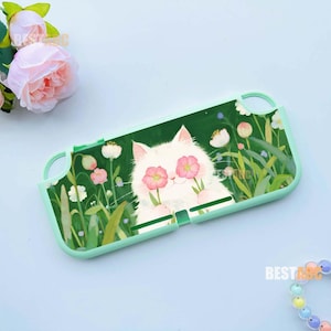 Garden White Cat Switch 2 Case, Custom Floral Kitten Console Cover, Personalized Dockable Shell for Switch OLED Lite