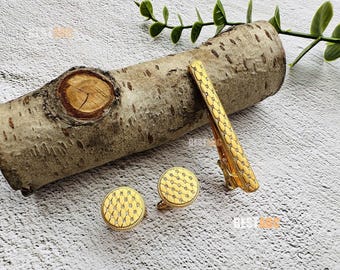 Gold Tie Clip and Cufflinks Set, Rhinestone Geometric Pattern Cufflinks, Men's Formal Accessories Gift, Wedding Tie Bar Set