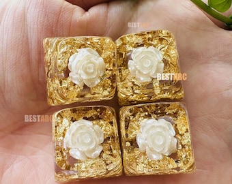 Gold Leaf Rose Keycap, Resin Artisan Keycap, Floral Mechanical Keyboard Keycap Sets, Cherry MX ESC Keycap, Cute Kawaii Keyboard Keycap Gift