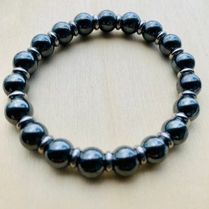 Hematite Gemstone bracelet, Natural Gemstone bracelet, Hematite and stainless steel stretch bracelet, 8mm natural hematite unisex bracelet
