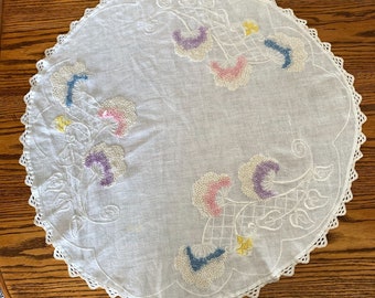 Hand Embroidered Round Linen Tablecloth  French Knot Flowers Lace Edging Round