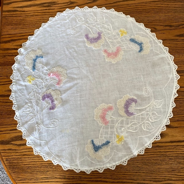 Hand Embroidered Round Linen Tablecloth  French Knot Flowers Lace Edging Round