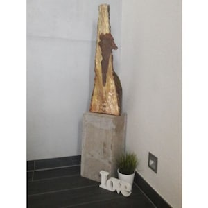 Wood art with metal angel, wooden sculpture, art object, gilded, decoration, unique piece