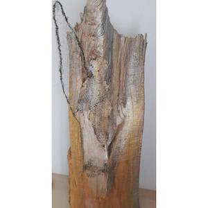 Scultura in legno con angelo in metallo, arte del legno, stele in legno, arte, legno, unico,