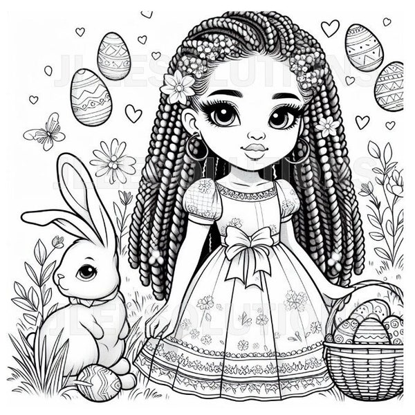 Easter - Sip/Paint Design /Coloring Page-2 -  "Little Girl / Party" -  Ready to Print  - Digital Download -#getpressed #jleesolutions