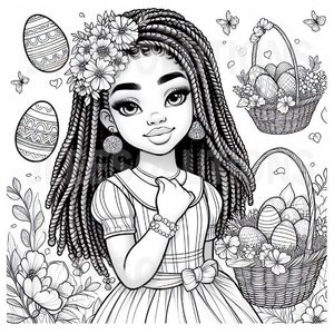 May include: Black and white illustration of a girl with long braids, wearing a dress and flower crown, with Easter eggs and baskets. Butterflies and floral elements surround the girl, creating a festive, spring-themed design.